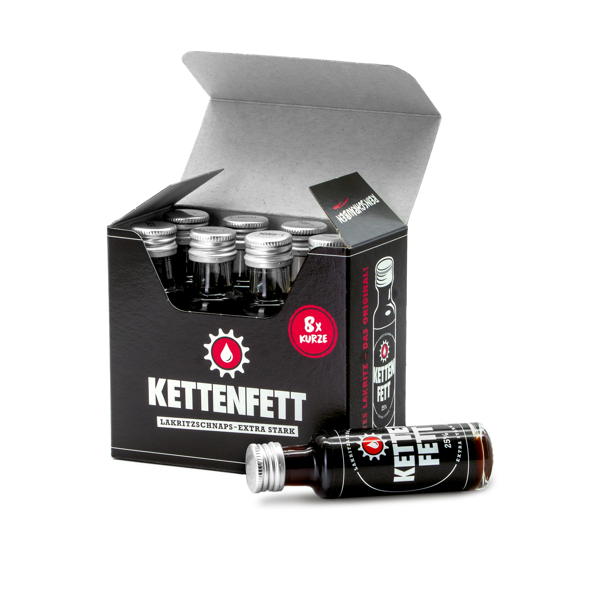 KETTENFETT Lakritzlikör Schrauberkasten 8x2cl Flasche Kork & Kante